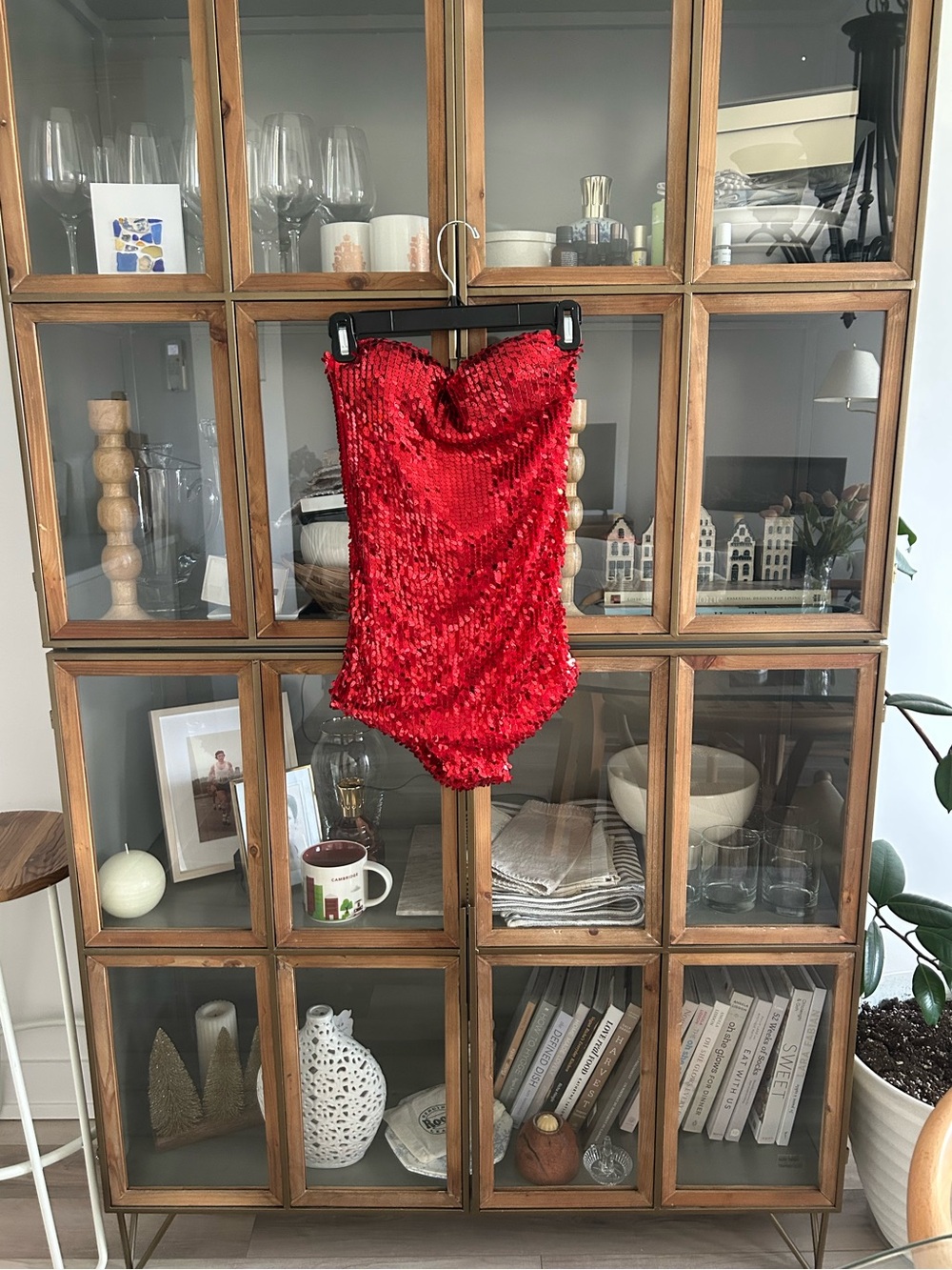 Red Sequin Strapless Bodysuit